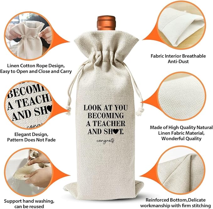 Becoming a Teacher Wine Bag, Be Given To Friends Classmates Teachers' Day Gift Brothers And Sister, New Teacher Party Decoration, Drawstring Burlap Wine Bag
