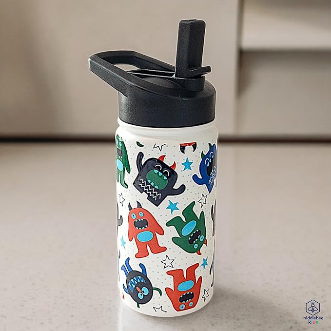 Biddlebee Kids Water Bottle with Straw Lid | 14oz Insulated Stainless Steel Reusable Bottles for School | Leak Proof Cap with Handle & Touch Free Spout | Great for Boys & Girls
