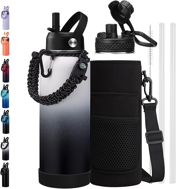 40 oz Water Bottle with Straw - Insulated Water Flask with Straw & Auto Spout Lid, Paracord Handle & Carrying Case, Keep Cold 48H Hot 24H Thermal Hydro, Metal Water Flask for Hiking Running