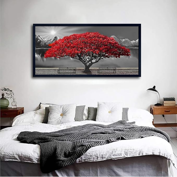 Black and White Red Tree Wall Art Canvas Print Picture Large Red Tree Landscape Modern Artwork for Living Room Bedroom Office Home Wall Decor With Frame 29X58inch Black Framed