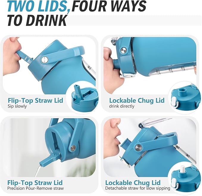 64 oz Glass Water Bottle with Straw and 2 Lids, Half Gallon Water Bottle with Sleeve, Large Insulated 2 Liter Glass Water Jug Time Marker with Handle - Steel Blue