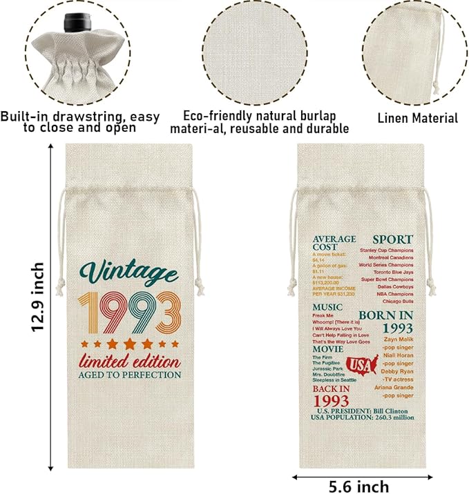 31st Birthday Gifts Wine Bag Congratulations Gifts for Women Men Parents Mom Dad Anniversary Favors 1993 with Time Information Wine Gift Bag