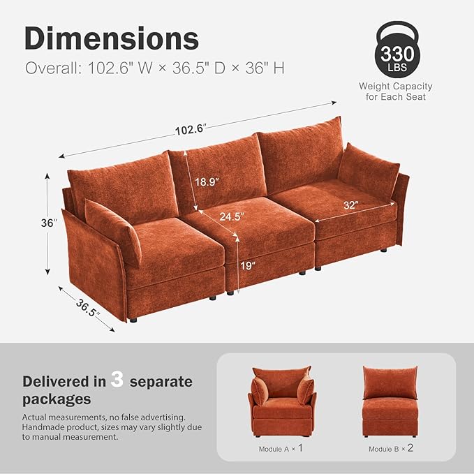 102.6" Modular Sectional Sofa, Oversized 3-Seater Terracotta Orange Couch with Removable Chenille Fabric Cover, Deep Seat & High Backrest for Living Room, Office & Apartment
