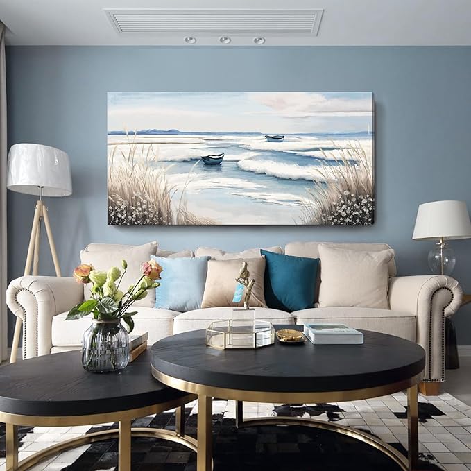 amatop Extra Large Wall Art for Living Room –Big Coastal Beach Minimalist Canvas Artwork with Sailboat Ocean Waves and Reeds Nautical Seascape Picture for Bedroom Decor Blue58x29 Inch