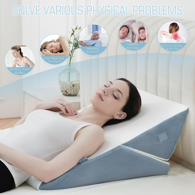 Bed Wedge Pillow for Sleeping, 9 & 12 Inch Adjustable Wedge Pillow for Back Pain Relief, 7-in-1 Cooling Memory Foam Triangle Pillow Wedge for After Surgery, Acid Reflux, Gerd, Snoring