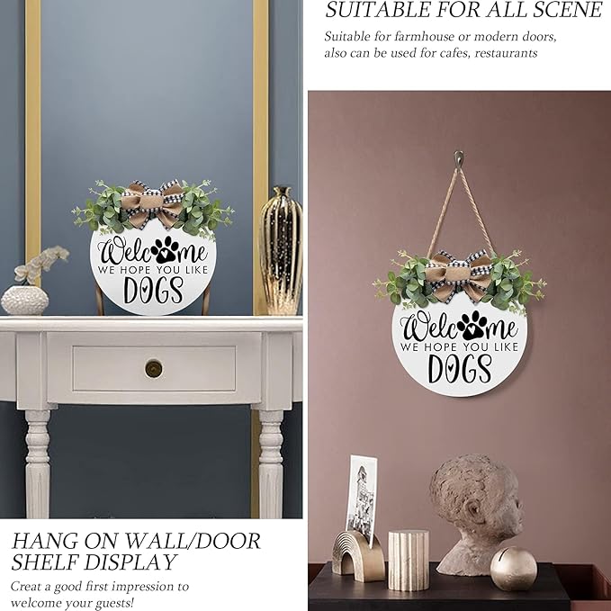 Asoulin Welcome Wreath 'We Hope You Like Dogs' Spring Decor Farmhouse Door Sign for Front Door Decor - Welcome Wreath Hanging Sign for Dogs Lovers Housewarming Gift