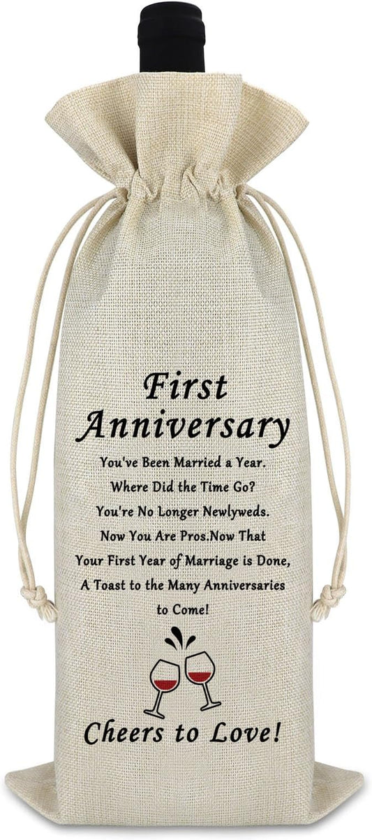 Anniversary Marriage Gift 1st Year of Marriage Gift for Couples Wine Bag Wedding First Year Gift for Wife Husband Wedding Gift for Women Men Coworker Valentine Gift Drawstring Burlap Wine Gift Bag