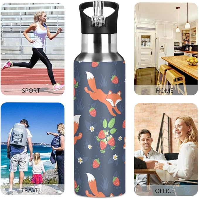 Blueangle 22 OZ Fox And Strawberry Water Bottle with Straw - BPA Free Leakproof Stainless Steel Water Bottle for Women Men Water Jug for Fitness Gym Outdoor Sport