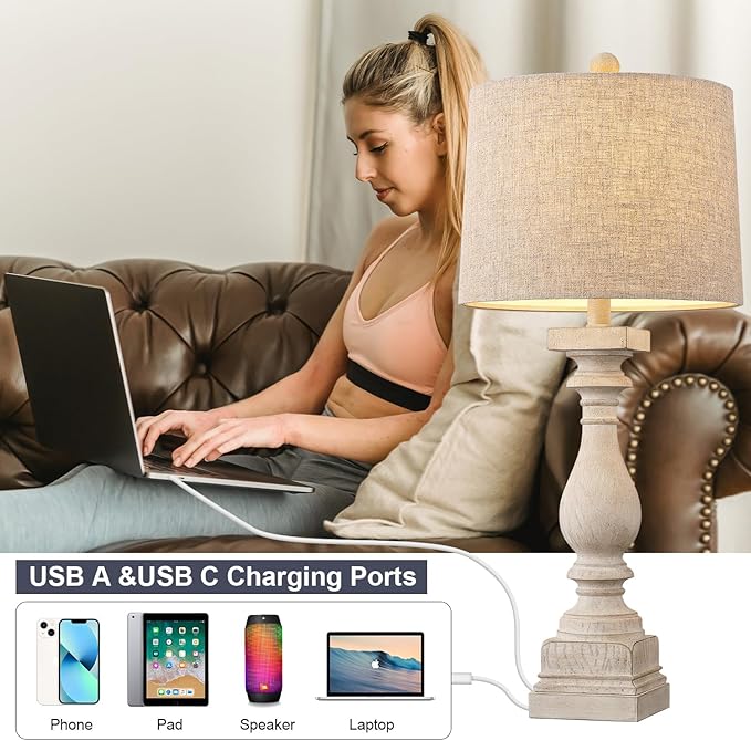 BOBOMOMO Retro 27" USB Charging Ports A/C Wash-White Farmhouse Lamps for Bedrooms Side Table Lamps Bedside Lamp for Nightstand Living Room 1 Pack