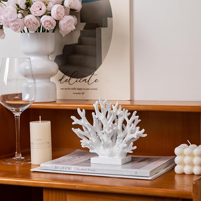 5.8" H White Coral Decor, Resin Coral Statue, Nautical Decorations for Home, Bedroom, Bathroom, Living Room, Beach/Coastal/Ocean Themed Cabinet Shelf Tabletop Decor