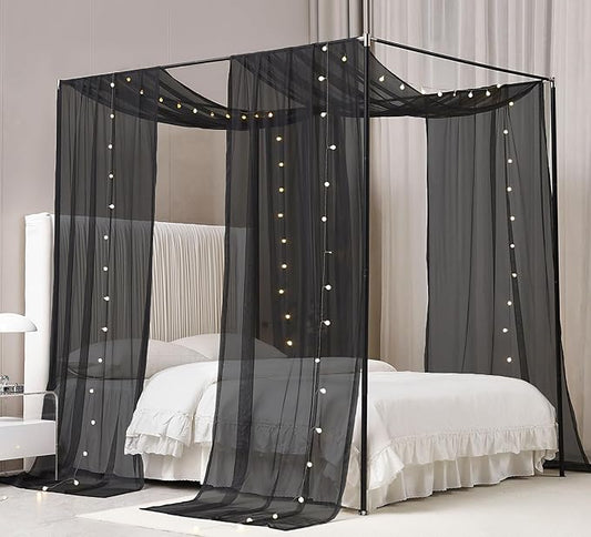 Akiky Canopy Curtains for Girls with LED Light King California King Bed Curtains Frame Bed,Valance Scarves Great for Bed,Windows,Wedding Parties(King,Black)