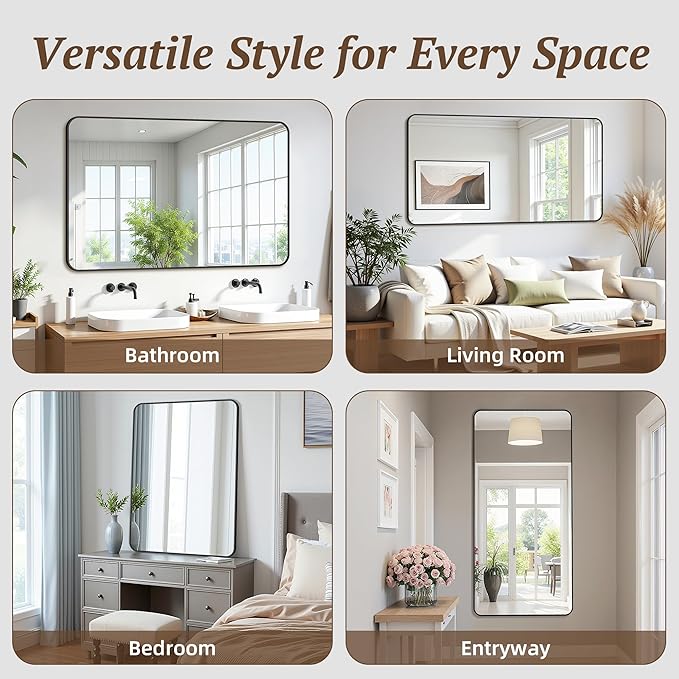 Bathroom Mirror 48" x 36", Large Rectangle Wall Mirror, Silver Metal Frame Wall Mounted Mirrors for Bathroom, Vanity, Bedroom, Entryway Decor(Horizontal/Vertical)