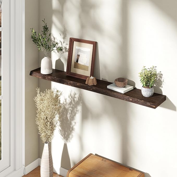 55" Floating Shelves, Live Edge Elm Wood Floating Shelf for Wall, Wall-Mounted Display Shelves with Invisible Heavy-Duty Bracket, Long Floating Shelf for Bathroom, Kitchen, Living Room, Walnut Color