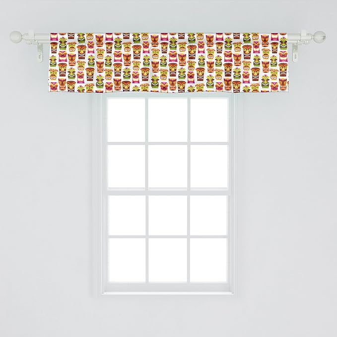 Ambesonne Tiki Bar Window Valance Pack of 2, Sixties Retro Inspired Hawaiian Party Happy Tiki Pattern Colorful, Rod Pocket Curtain Valances for Kitchen Bedroom, 54" X 12", White Brown