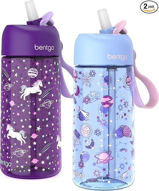Bentgo Kids Water Bottle 2-Pack - Leak-Proof, Durable Tritan™, BPA-Free 15 oz Cup for Kids/Toddlers 3+; Flip-Up Straw; Dishwasher Safe for School/Sports/Daycare/Camp (Unicorn/Lavender Galaxy)