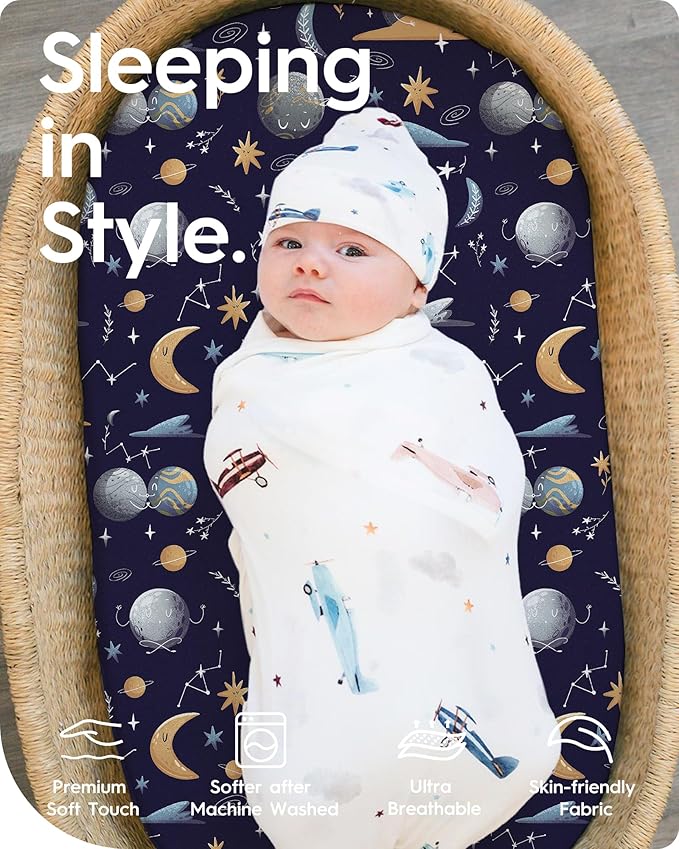 Bassinet Sheets for Baby Boy Girl, TotBasic Buttery Soft Universal Bassinet Fitted Sheet, Compatible with Halo, Mika Micky, Baby Delight, Dream On Me, Maxi COSI and More Bassinet Mattress(Space)