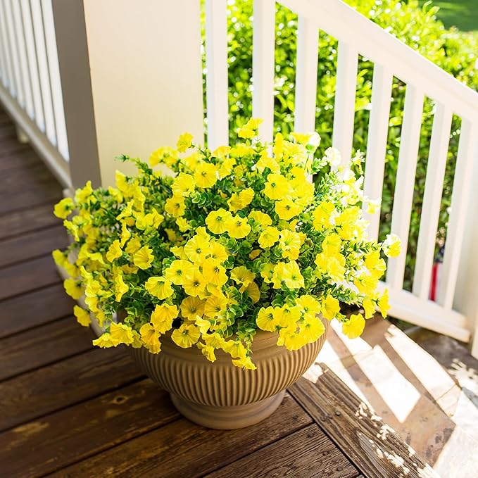 Artificial Mums for Outdoors Fake Fall Flowers Plants for Autumn Decoration, 12 Bundles Silk Morning Glory with Eucalyptus Look Real UV Resistant Yellow Faux Mums for Outside Planters Front Door Yard