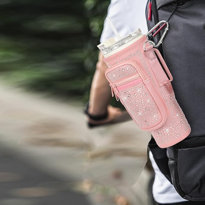 Bling Water Bottle Carrier Bag with Phone Pocket,Water Bottle Holder Bag for Stanley Cup Accessories,Cup Holder with Adjustable Shoulder Strap with Stanley 40 & 30 oz Tumbler,Pink