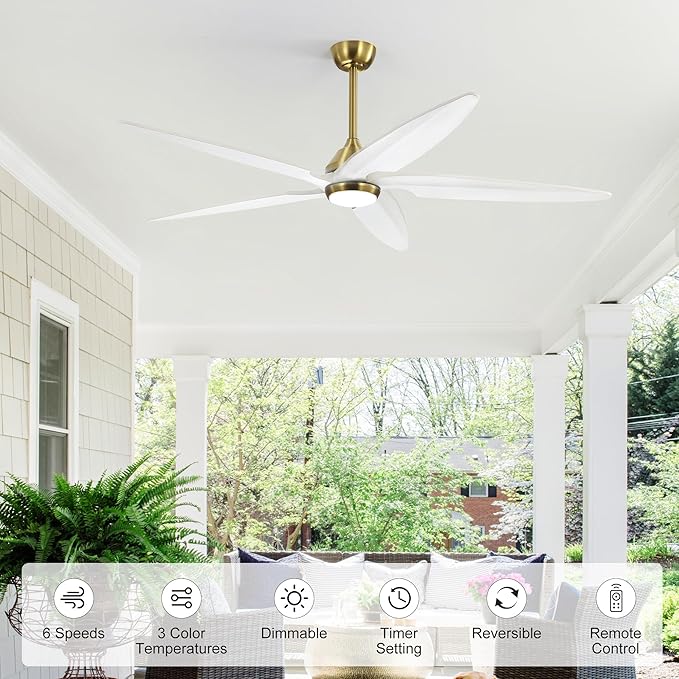 54 Inch Modern Ceiling Fan with Lights and Remote, 5 Wood Blades, 6-Speed Noiseless Reversible DC Motor with Replaceable Downrods for Bedroom Living Room Dining Room, White and Gold.