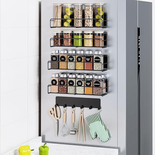 5-Pack Moveable Magnetic Spice Rack Organizer With 6 Hooks for Refrigerator, Metal Fridge Shelf, Black