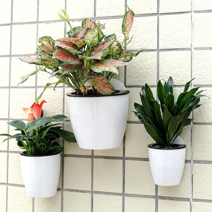 3 Pack Self Watering Wall Hanging Planter Pots Vertical Garden Window Hang Mount Indoor Outdoor Plant Flower Basket for Kitchen Herbs Balcony Railing Shelf Fence Bedroom Trellis Decor Modern White Box