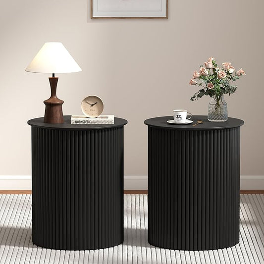 AVZEAR Small Round Side Table Fluted Night Stand Set of 2, 17.7" Mid Century Modern End Table, Circle Bedside Tables Wood Nightstands for Small Spaces, Living Room, Bedroom(Black)