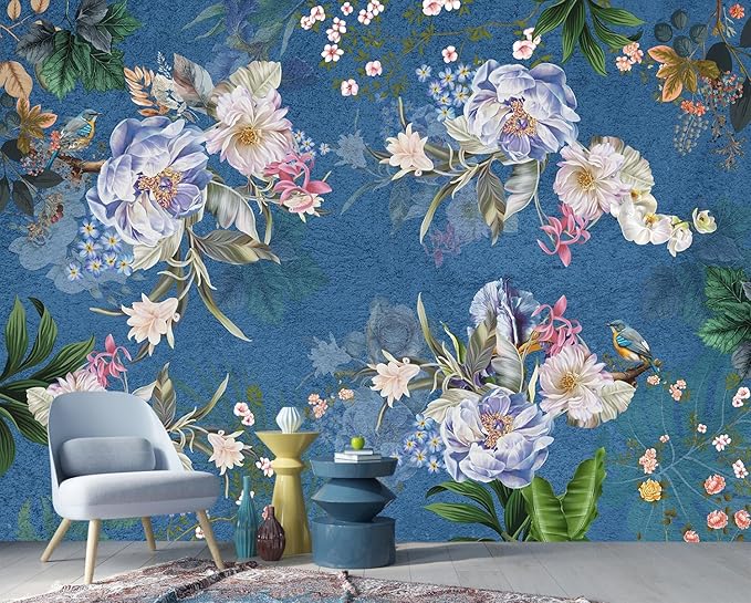 Blue Background Flower Plant Large Wallpaper for Bedroom (Not Peel and Stick)