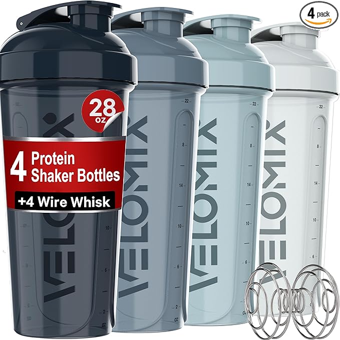 '-4 PACK- 28 oz Shaker Cups for Protein Shakes - 4x Wire Whisk | Leak Proof Protein Shaker Bottles for Protein Mixes | Protein Shaker Bottle Pack | Mixer for Protein Shakes