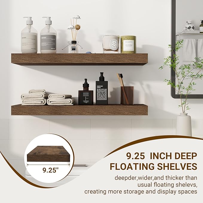 24 Inch Floating Shelves, 24"x9.25"x1.5" Inch Deep Floating Shelves for Wall, Wooden Shelves for Bathroom, Bedroom, Living Room, Walnut