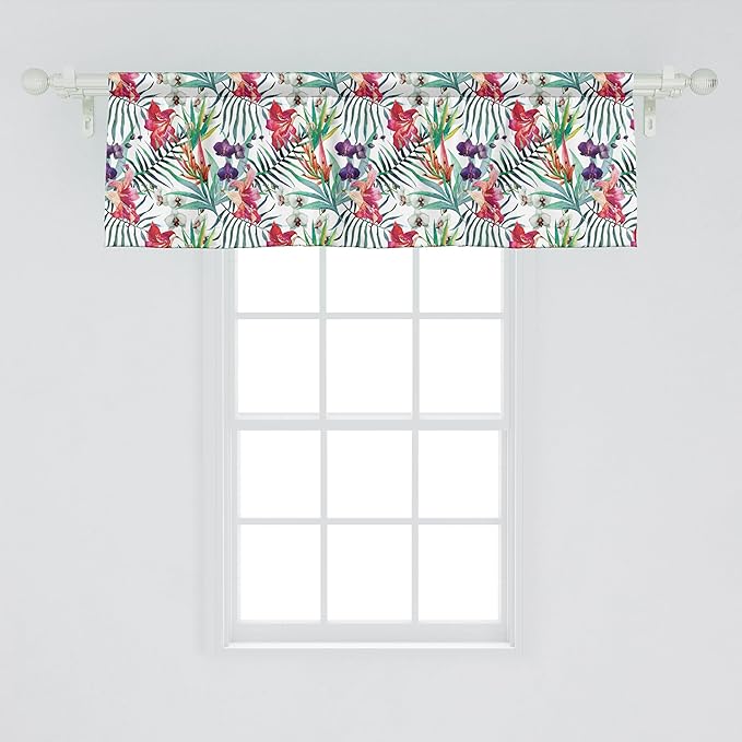 Ambesonne Watercolor Flower Window Valance, Tropical Wild Orchid Flowers with Palm Leaves Print Exotic Style Nature, Curtain Valance for Kitchen Bedroom Decor with Rod Pocket, 42" x 18", Multicolor