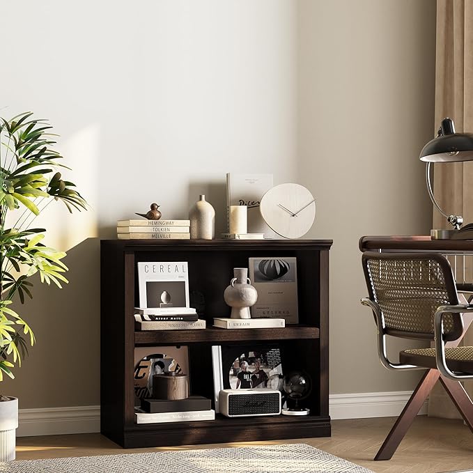 Bookcase, Open Storage Book Cases/Shelves, Floor Standing Indoor Furniture 2 Shelf Book case for Farmhouse Library Office Bedroom Kids, Dark Cherry - 2 Tier