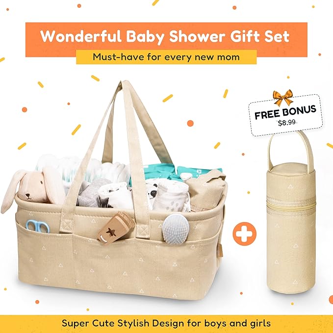 Baby Diaper Caddy Organizer - Baby Shower Basket | Large Nursery Storage Bin for Changing Table | Car Travel Tote Bag | Newborn Registry Must Have | Bonus Bottle Cooler | Beige