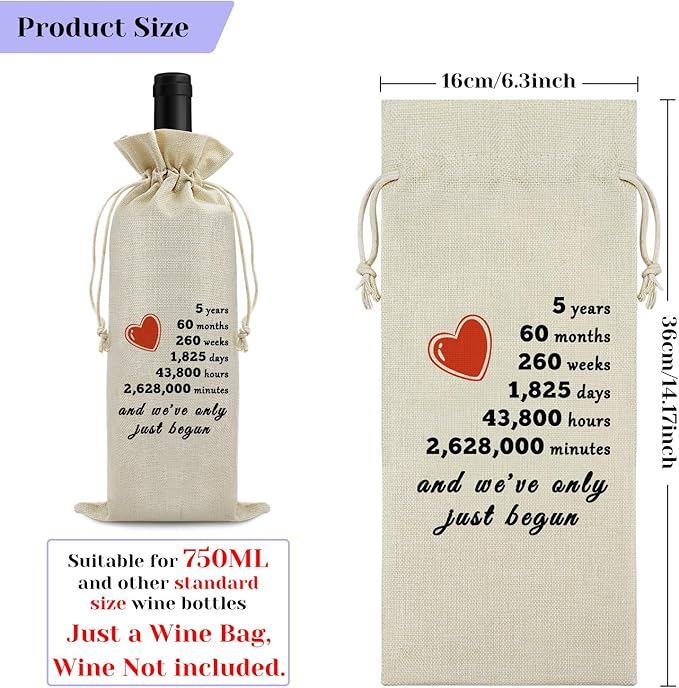 5th Anniversary Wine Bag for Him Her Five Years Anniversary Wedding Gift for Husband Wife 5 Years Dating Anniversary for Men Women 5 Years of Marriage Gift Birthday Christmas Gift Wine Gift Bag