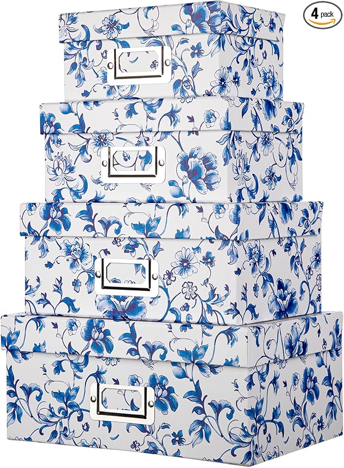 Briful Decorative Photo Storage Boxes with Lids, Set of 4 – Blue and White Porcelain Pattern, Nested Card Storage Box Organizer, Decorative Paperboard Box for Closet, Office, Gifts,Cosmetic,Books