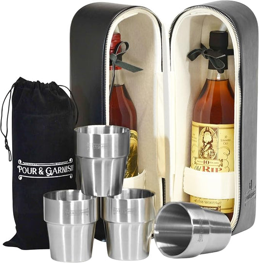 Bourbon Whiskey & Wine Double Bottle Travel Bag with 4 Stainless Steel Double-Walled Vacuum Insulated Glasses - Makes a Great Gift!