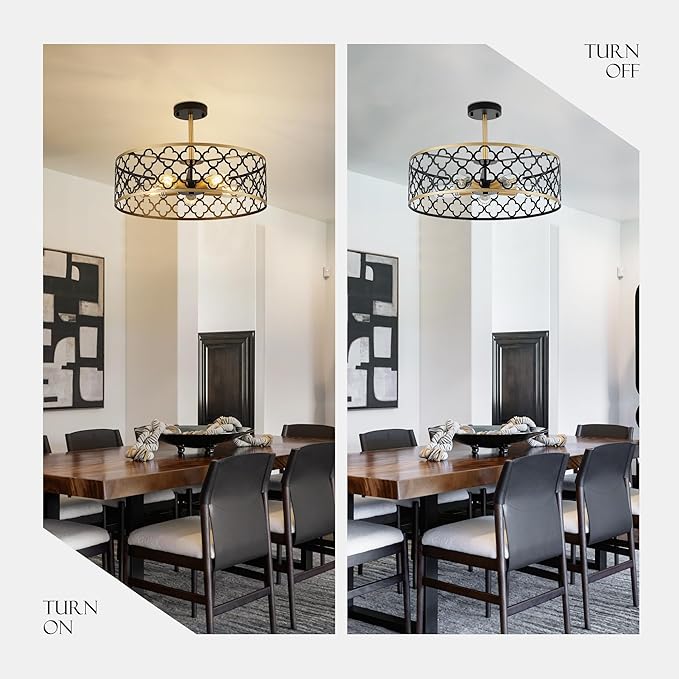 5-Light Drum Chandeliers for Dining Room,19.7" Rustic Farmhouse Dining Room Light Fixture, Black&Gold Metal Hanging Pendant Light for Living Room Bedroom Kitchen Entryway Foyer