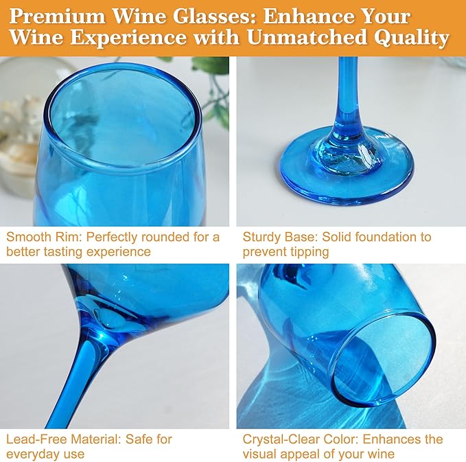 Blue Wine Glasses Set of 6-14oz Blue Long Stem Wine Glass, Pretty Crystal Glassware, Hand Blown Goblets Drinkware, Unique Stemware Wine Glass Holiday Gift Set