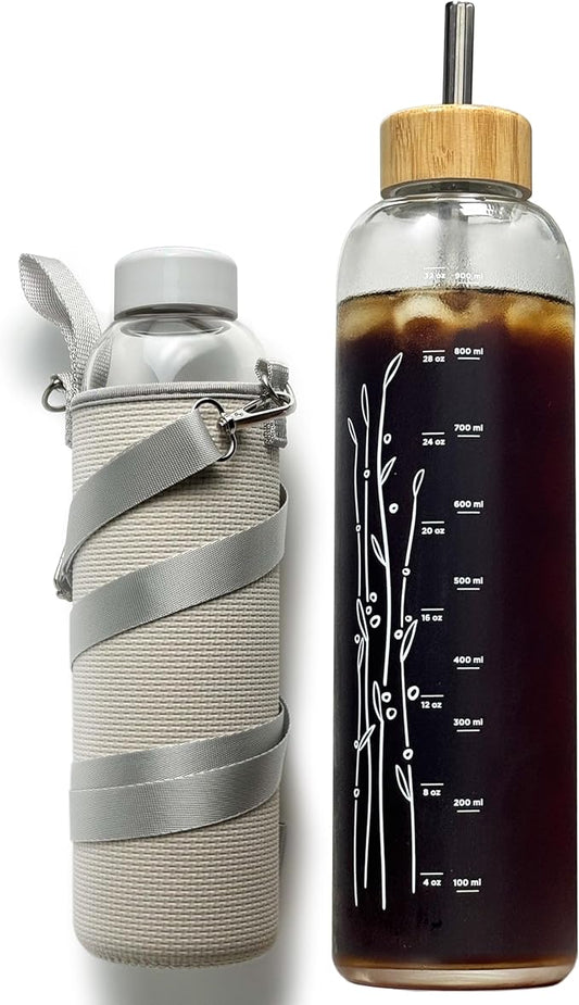 32 oz Motivational Glass Water Bottles with 2 Lids | Sports Water Bottle with Neoprene Sleeve and Adjustable Strap (White Plastic Lid and Bamboo Lid with Straw)