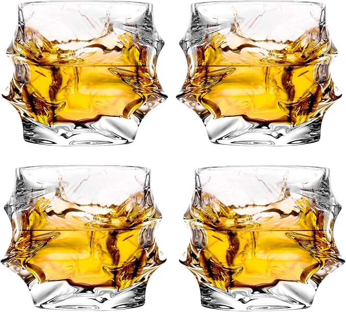 12 oz Hand Blown Crystal Whiskey Glasses Set of 4, Unique Cognac Glass, Heavy Thick Bottom Bar Glass for Scotch Bourbon Rum Gin Water Cocktail,Gifts Men Gifts Ideas