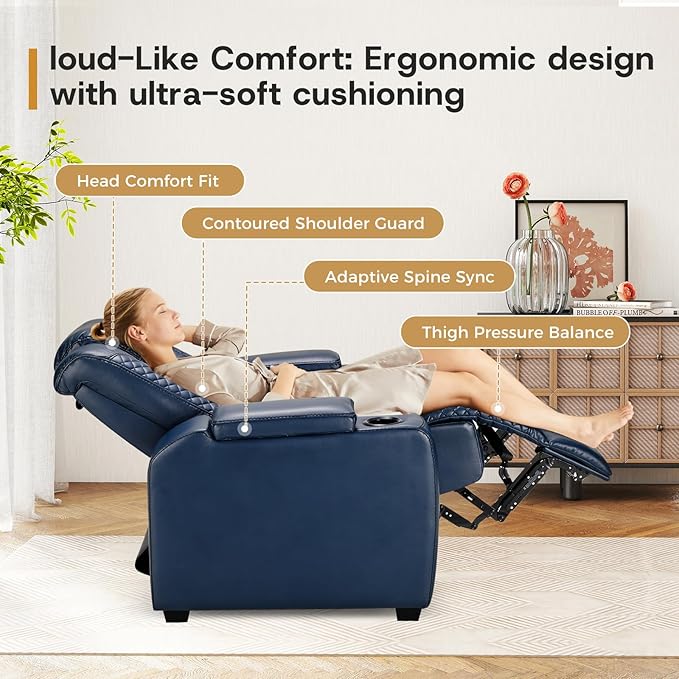 ANJ Power Home Theater Seating, PU Leather Electric Recliner Chair with Powered Headrest, Dual Motors Movie Reclining Chairs with LED Lights,USB Port, Cup Holders, Hidden Arm Storage (Blue & Black)