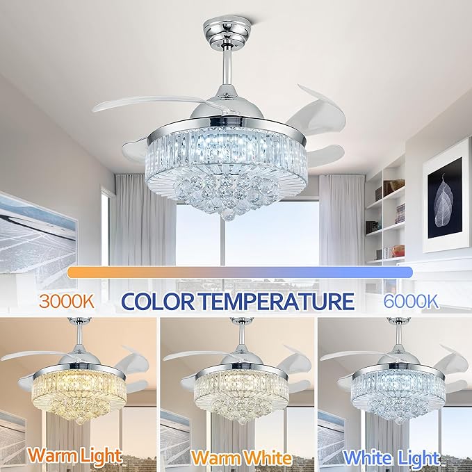 42'' Crystal Chandelier Fan Fandelier Retractable Ceiling Fans with Light and Remote, Invisible Fandelier Ceiling Fan with Light for Bedroom (Crystal-Silver)