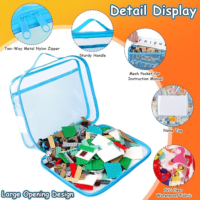 4 Pack Toy Storage Organizer Bag for Lego Bricks, Clear PVC Zippered Blocks Set with Manual Pocket& Name Tag, Waterproof Toy Carrying Case for Board Games& Building Blocks (Large, Colorful)