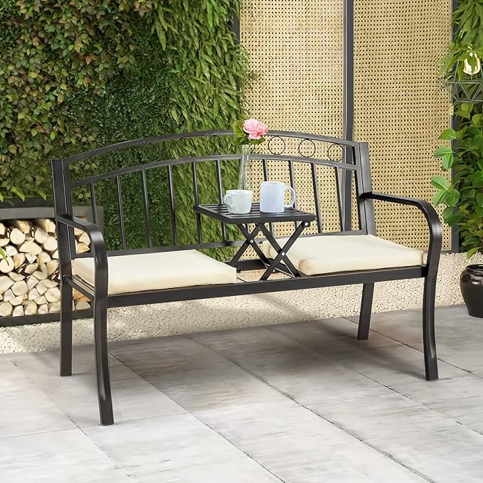 AVAWING Outdoor Metal Garden Bench, 2-Seat Patio Porch Bench with Steel Frame, Park Bench w/Pullout Middle Table＆ Cushion for Backyard Lawn Deck Entryway, Black