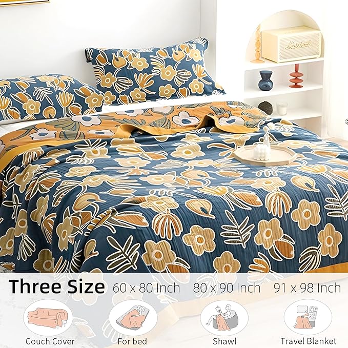 Boho Throw Blanket for Bed - 100% Pure Cotton Ultra Soft Rustic Quilt - Farmhouse Decor Bed Blankets, All Season Rustic Throw for Sofa Couch Chair(91''x 98'', Floral)