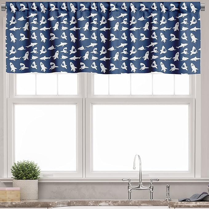 Ambesonne Shark Valance & Tier Curtain 3 pcs Set, Fish Pattern Various Gestures Have a Bite Danger Humor Nautical Design, Window Treatments for Kitchen Room Decor, 55" x 36", Blue Violet
