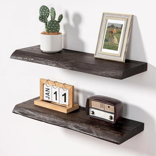 Axeman 24 inch Floating Shelves for Wall - 8'' D Live Edge Rustic Solid Elm Wood Floating Shelves Wall Mounted, Wall Shelves with Invisible Bracket for Living Room Bedroom Kitchen, Set of 2 Walnut