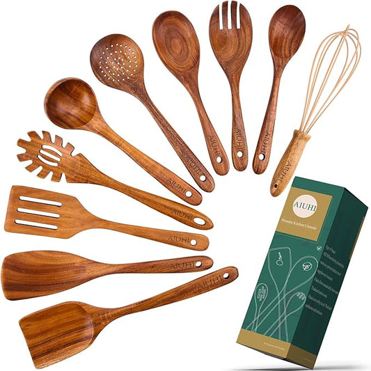 AIUHI 10 Pack Wooden Spoons for Cooking, Teak Wood Kitchen Utensils Set for Non Stick Use, Spatula Set for Stirring, Baking, Non Stick Wooden Utensils for Kitchen