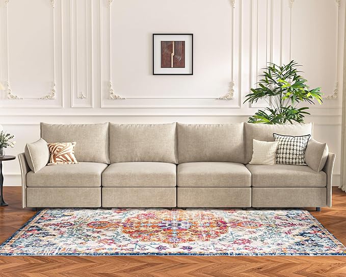 134.6" Modular Sectional Sofa, Oversized 4 Seater Couch with Removable Beige Chenille Fabric Cover, Deep Seat & High Backrest for Living Room, Office & Apartment