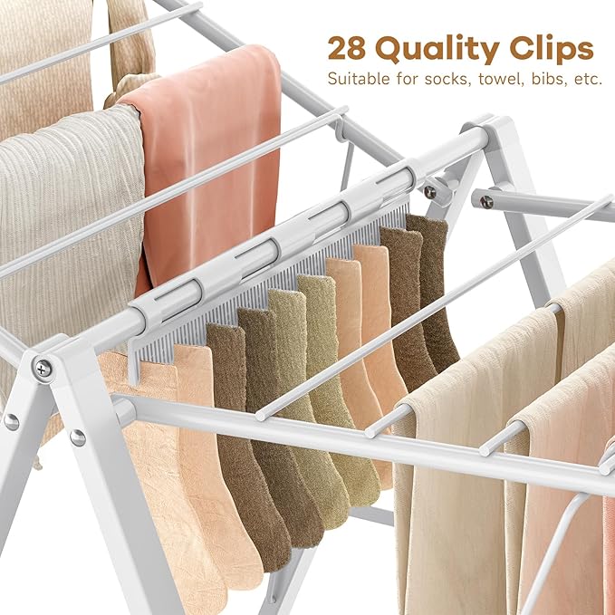 APEXCHASER Drying Rack for Clothing Foldable, Metal Laundry Rack Collapsible, Ultra Thin Gullwing Clothes Airer with Adjustable Height for Towel Baby Clothes Indoor Outdoor Laundry Room, White