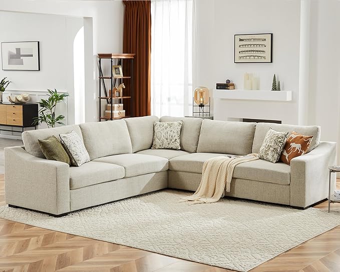 112" L Shaped Sectional Sofa with Detachable Sofa Cover, Reversible Sectional Modular Couch for Living Room, Linen Fabric Corner Couch with 7 Seats, Oatmeal